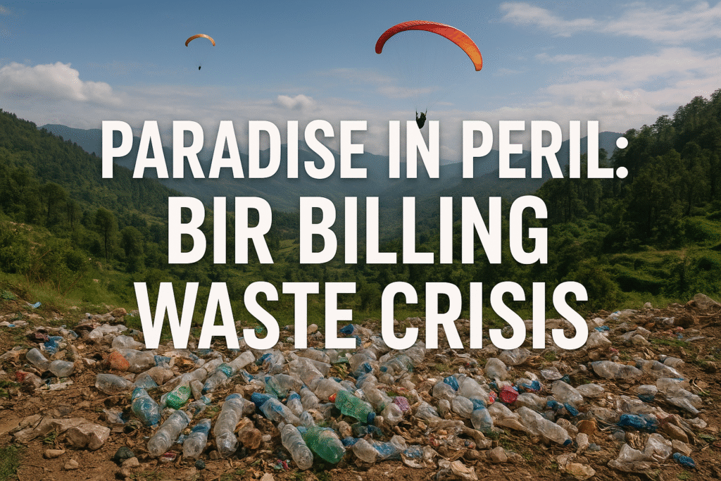 Bir Billing paragliding site covered with plastic waste, highlighting Himachal Pradesh’s growing environmental crisis.