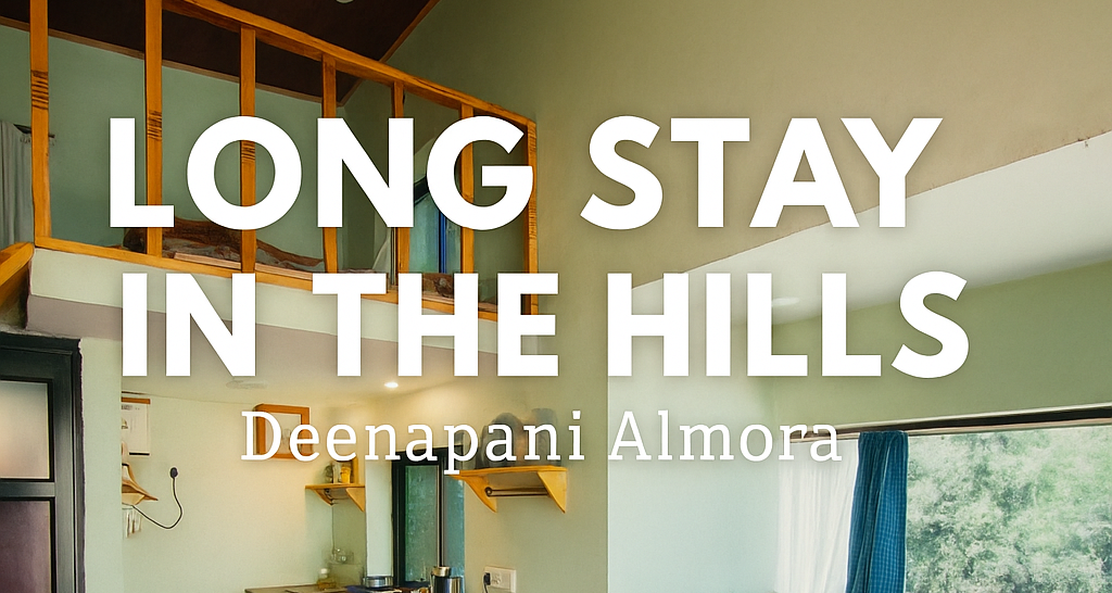 Cozy long-stay accommodation in Deenapani Almora with wooden interiors, daybed, and forest view – perfect for remote work and peaceful living in Uttarakhand hills.