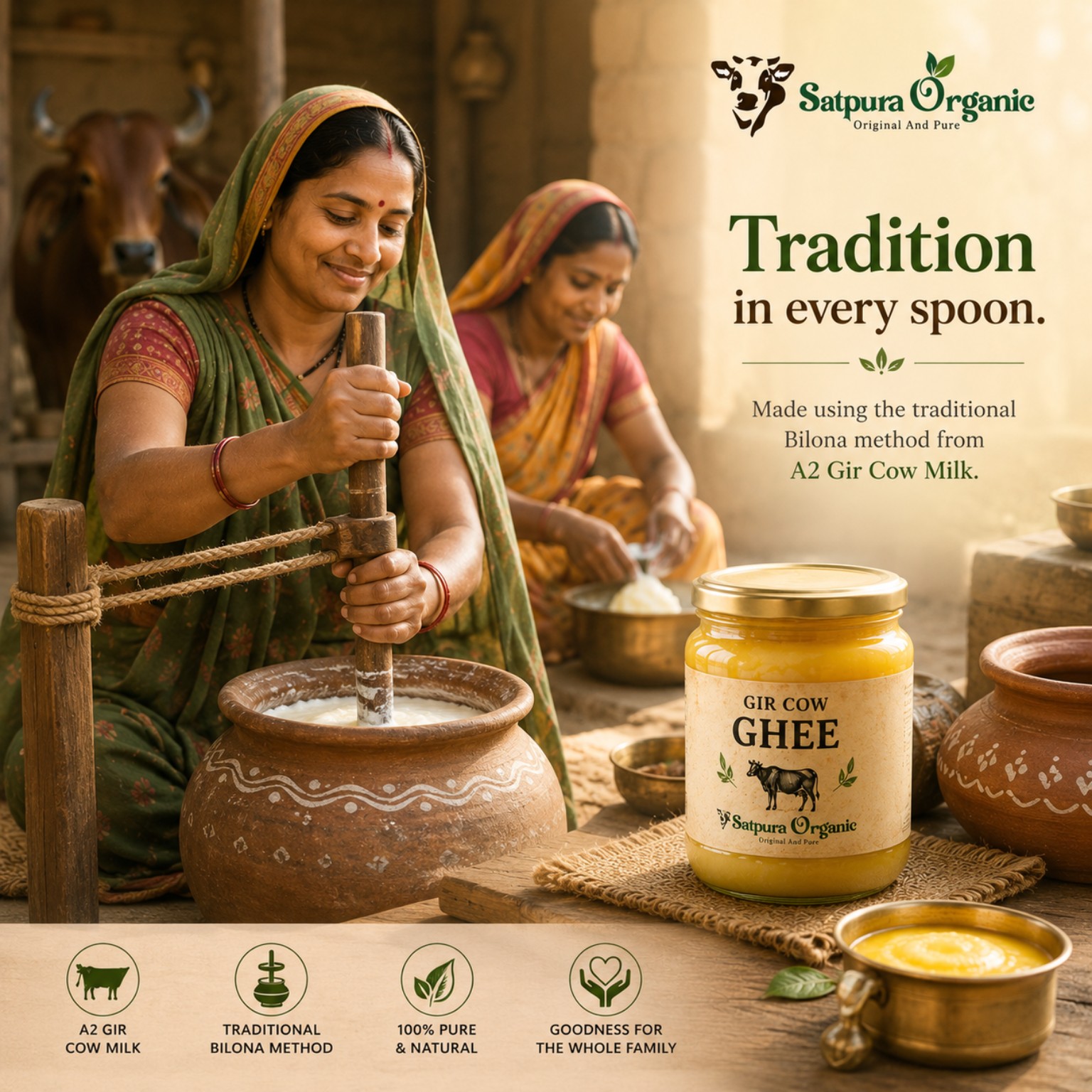 Satpura Organic A2 Ghee (500ml) | Pure Bilona Cow Ghee | Farm Fresh & Traditionally Crafted - Image 3