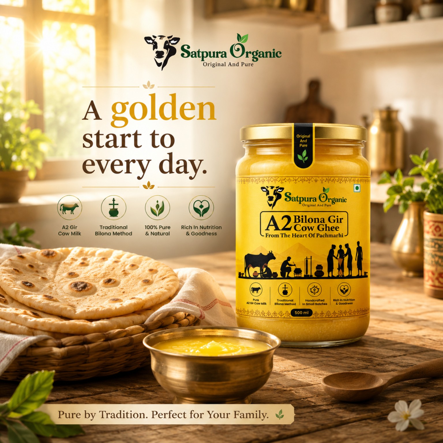 Satpura Organic A2 Ghee (500ml) | Pure Bilona Cow Ghee | Farm Fresh & Traditionally Crafted